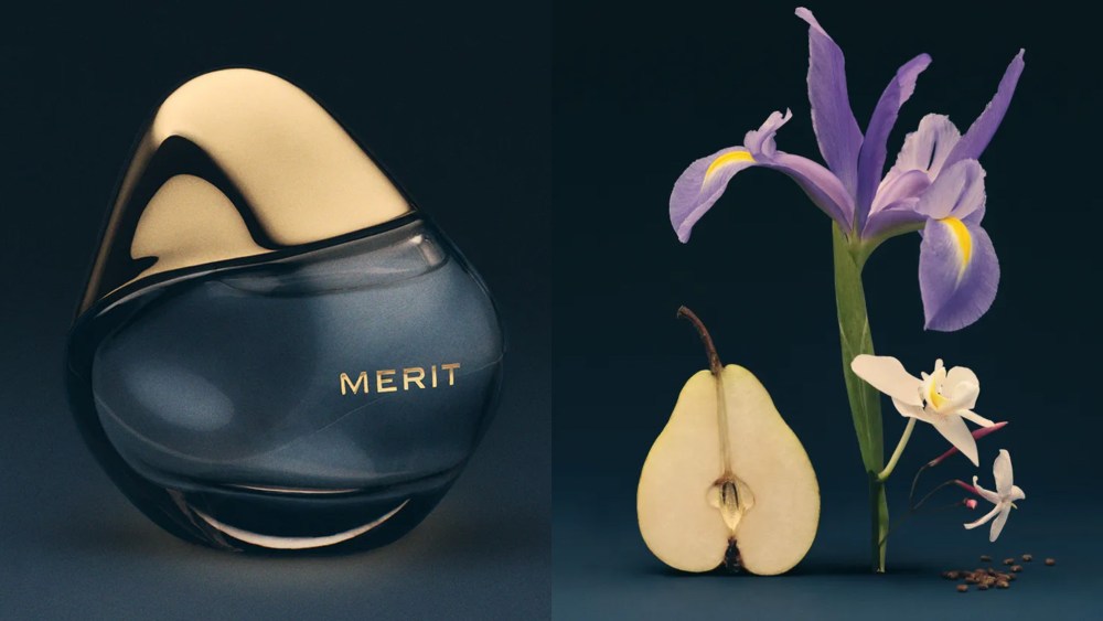Merit Beauty perfume on a dark blue background; fruits and flowers on a blue background
