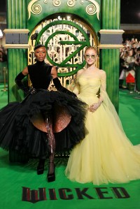 LONDON, ENGLAND - NOVEMBER 18: Cynthia Erivo and Ariana Grande attend the European Premiere of "Wicked: Part One" at The Royal Festival Hall on November 18, 2024 in London, England. (Photo by Max Cisotti/Dave Benett/WireImage)